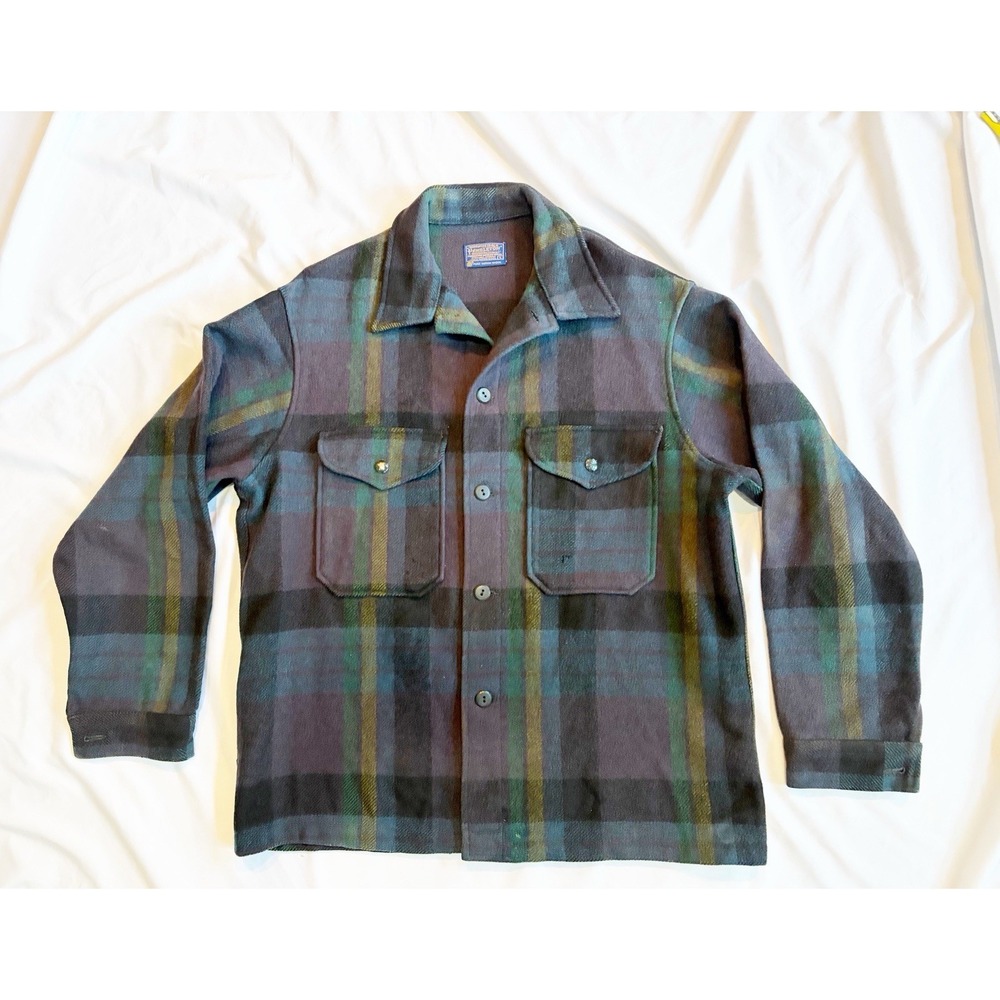 Vintage 60s/70s Pendleton Green Plaid Wool Jacket Men's L 100% Wool *Flaws